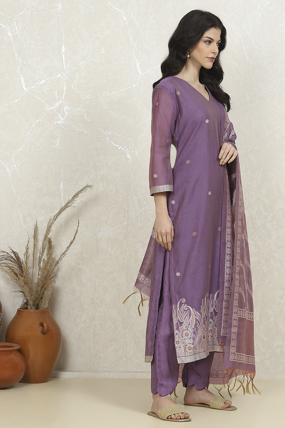 Lavender Chanderi Weave Unstitched Suit Set image number 6