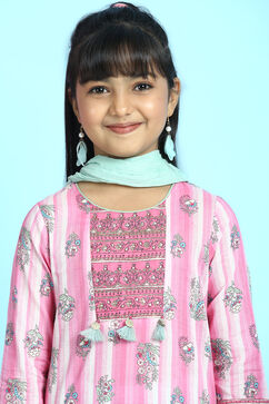 Pink Cotton A-Line Kurta Churidar Suit Set image number 1