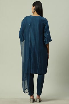 Indigo Silk Blend Straight Kurta Slim Pants Suit Set image number 4
