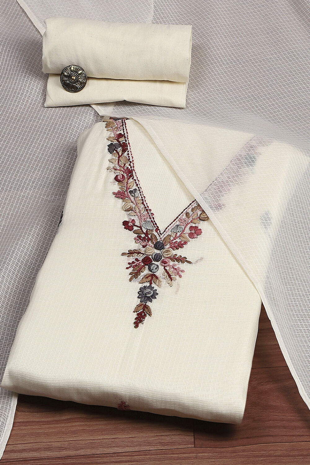 Off White Cotton Hand Embroidered Unstitched Suit Set image number 0