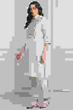 Off White Art Silk Straight Kurta Regular Pant Suit Set image number 3