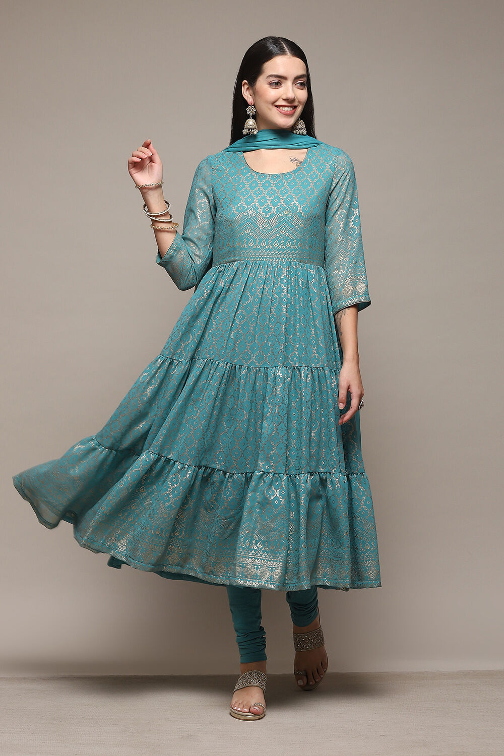 Sea Green Polyester Anarkali Kurta Churidar Suit Set at Biba India