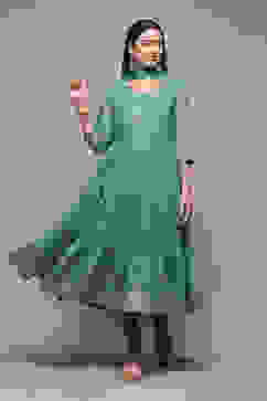 Sea Green Polyester Anarkali Kurta Churidar Suit Set image number 0