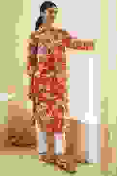 Red Pure Cotton Floral Straight Kurta image number 0