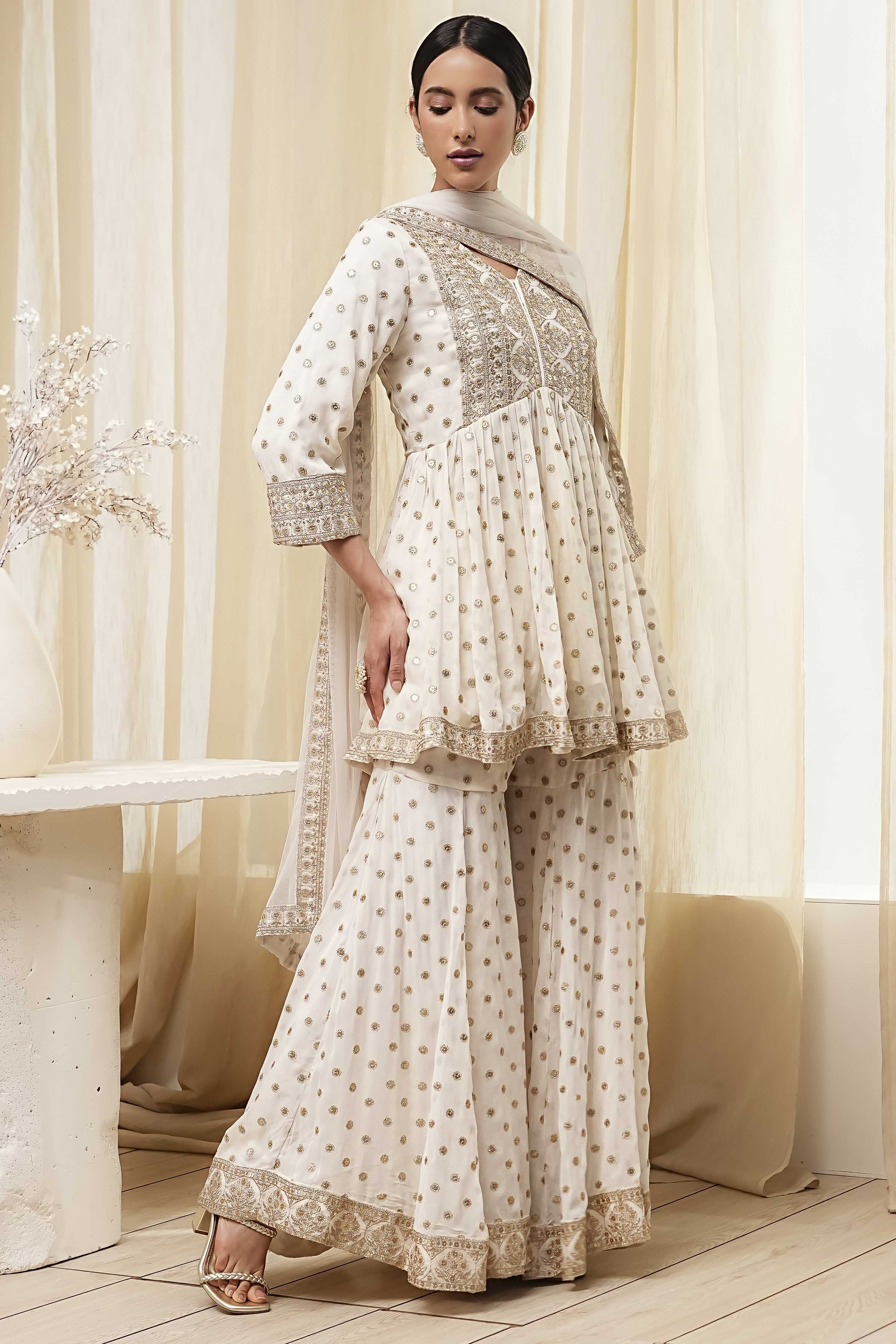 Ivory Georgette Embroidered Peplum Suit Set image number 8