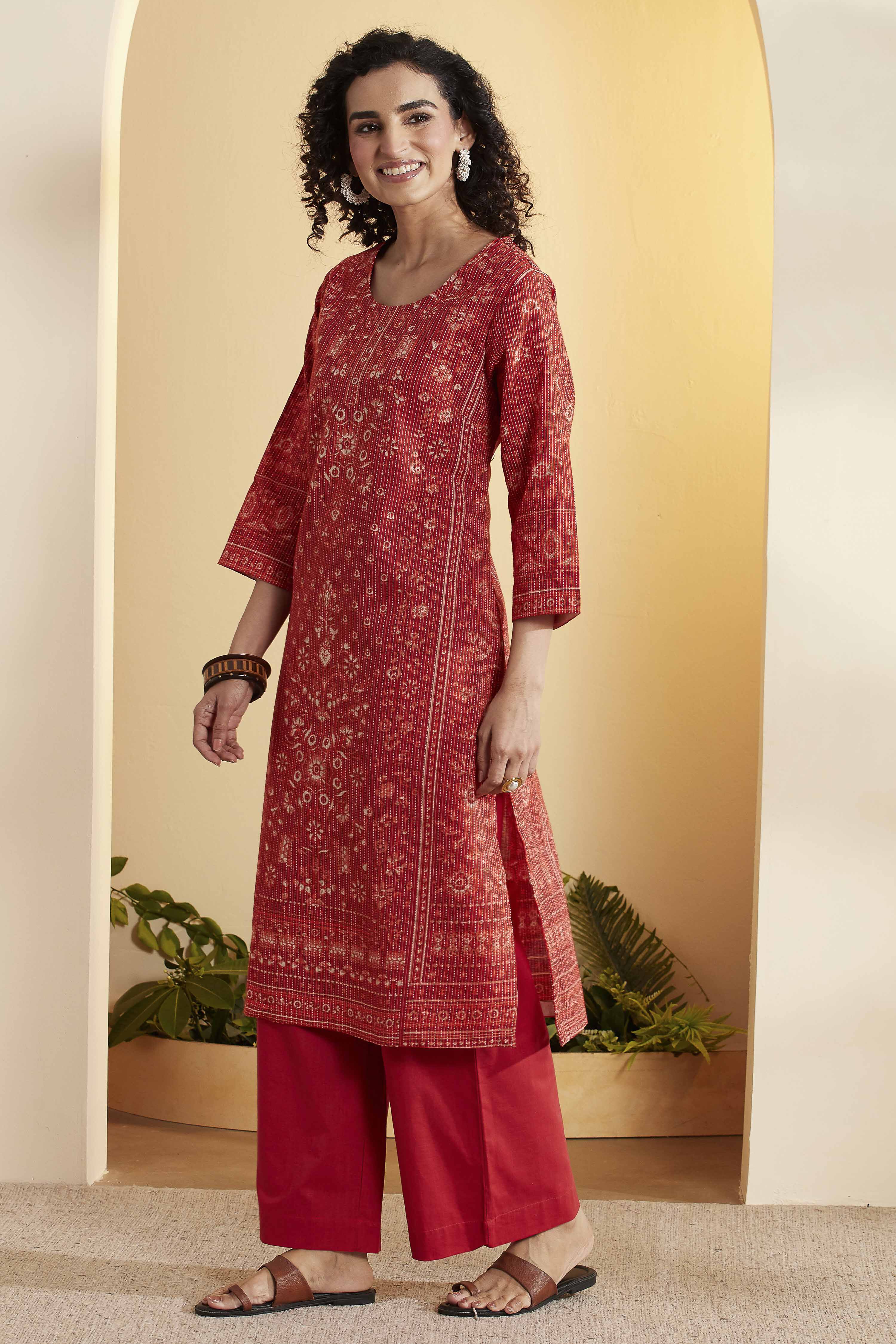 Red Cotton Straight Kurta image number 2