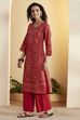 Olive Green Cotton Floral Printed Straight Kurta image number 2