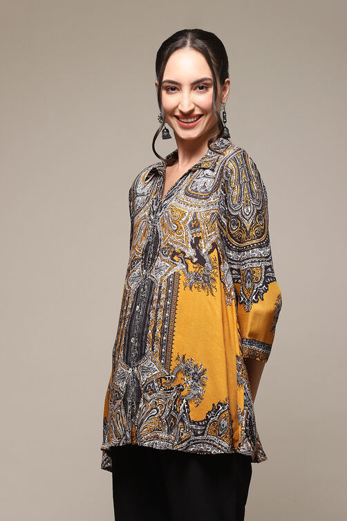 Mustard Viscose Straight Printed Shirt