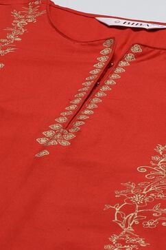 Red Printed Cotton Straight Kurta Slim Pants Suit Set image number 1