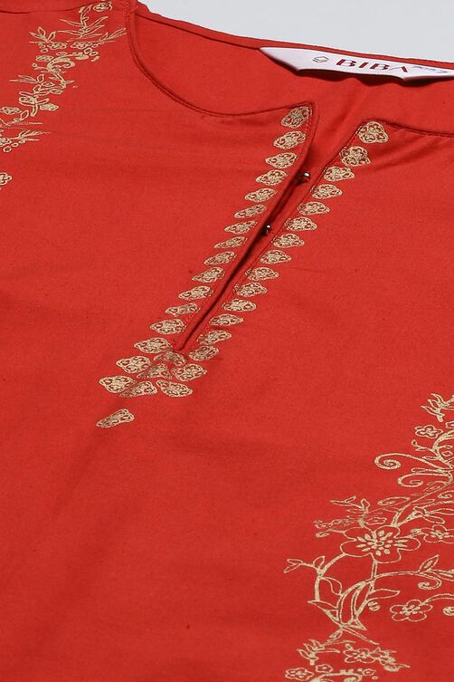 Red Printed Cotton Straight Kurta Slim Pant Suit Set image number 1