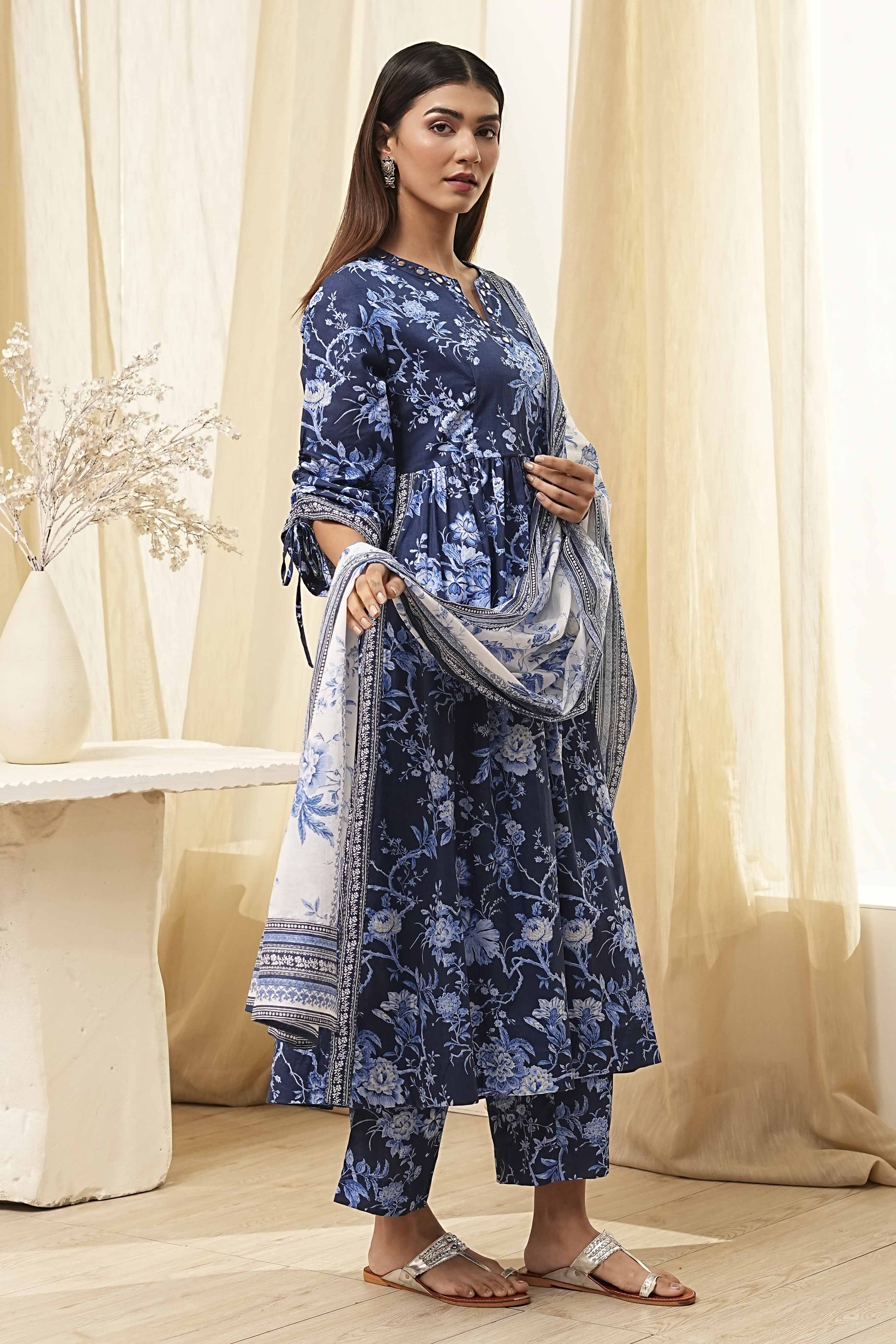 Indigo Pure Cotton Floral Gathered Suit Set image number 5