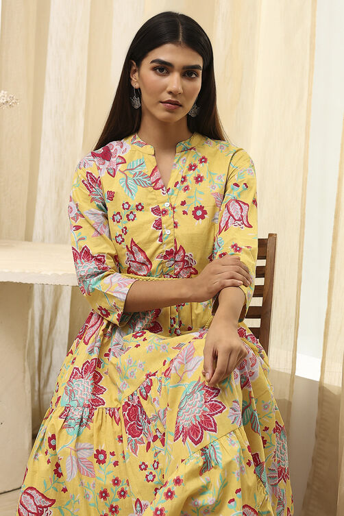 Earthy Blue Cotton Floral Tiered Dress image number 1