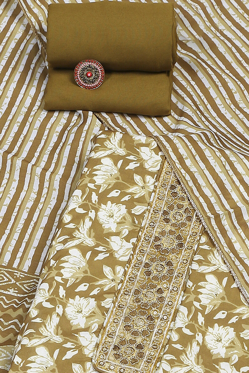 Mustard Green Cotton Printed Unstitched Suit Set image number 1