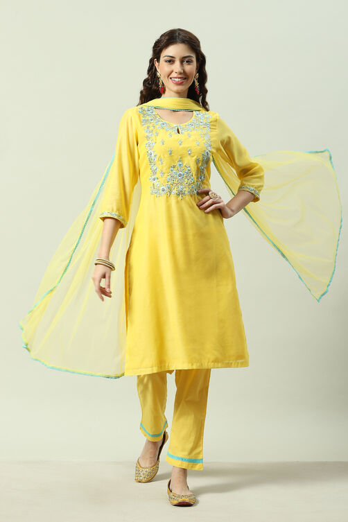 Turquoise Yarndyed A-Line Kurta Regular Pants Suit Set image number 7