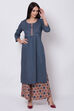 Dark Blue Cotton Straight Kurta Flared Palazzo Suit Set image number 2