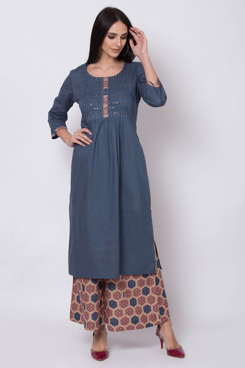 Dark Blue Cotton Straight Kurta Flared Palazzo Suit Set image number 2
