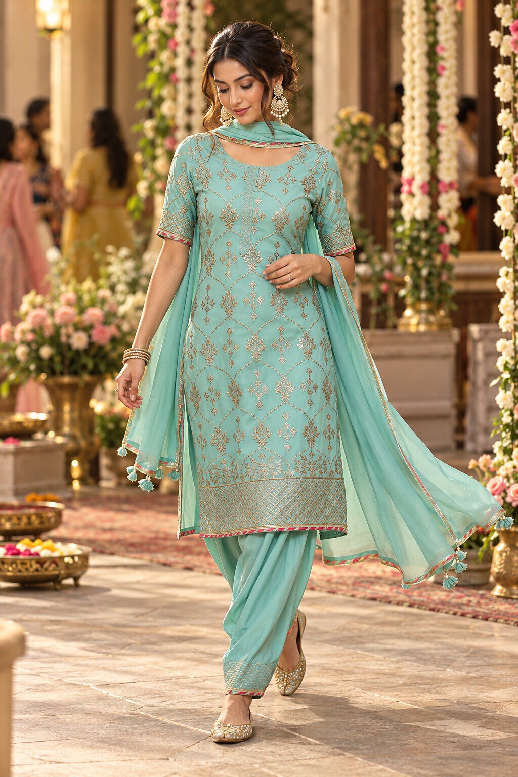 Turquoise Silk Straight Kurta Salwar Suit Set image number 0