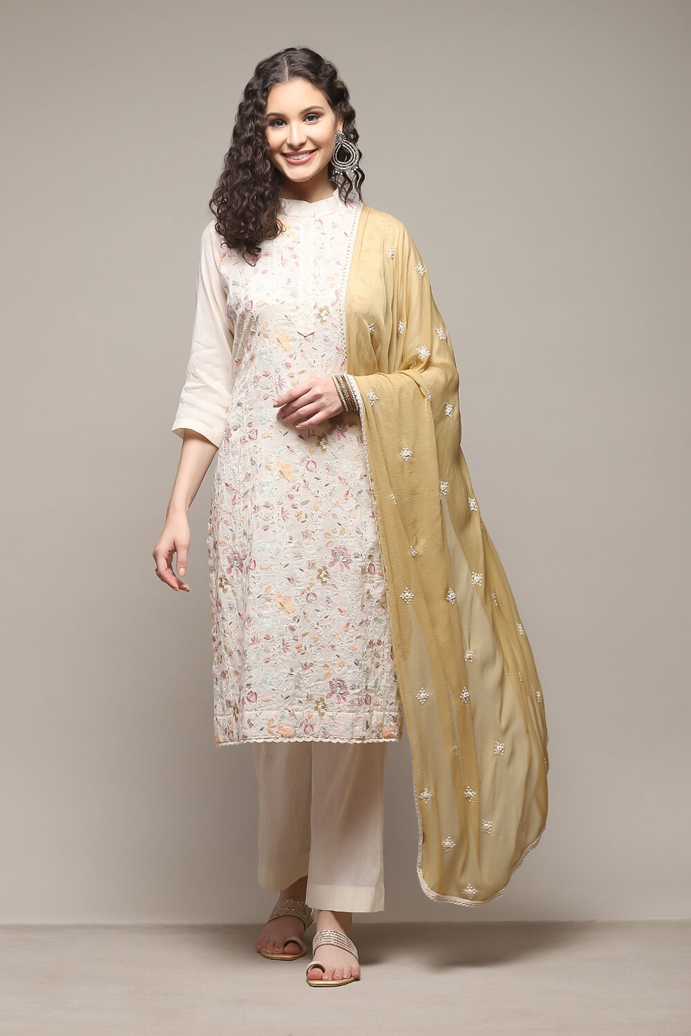 Off White Cotton Hand Embroidered Unstitched Suit Set image number 1