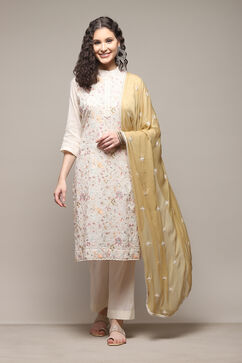 Off White Cotton Hand Embroidered Unstitched Suit Set image number 1