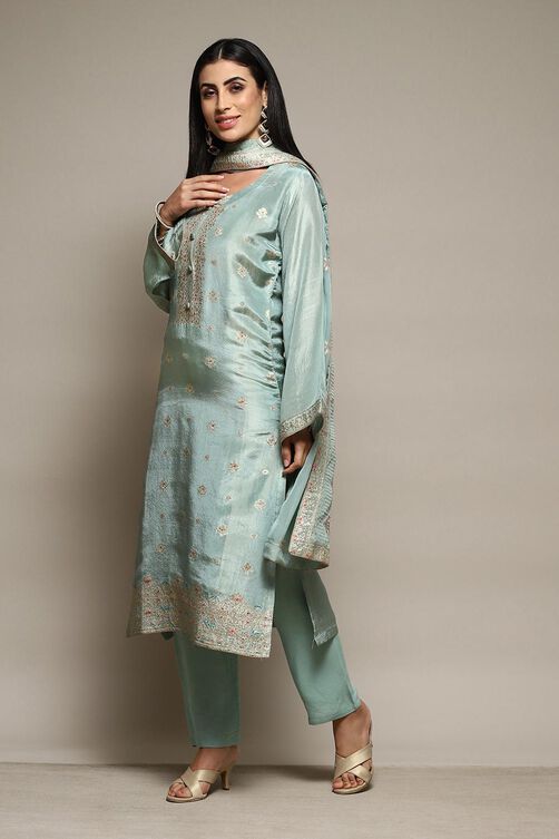 Turquoise Banarasi Silk Digital Print Unstitched Suit Set image number 6