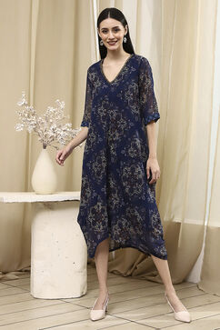 Blue Georgette Printed Asymmetric Dress image number 5