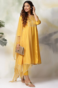 Mustard Viscose Kalidar Kurta Slim Pant Suit Set image number 5