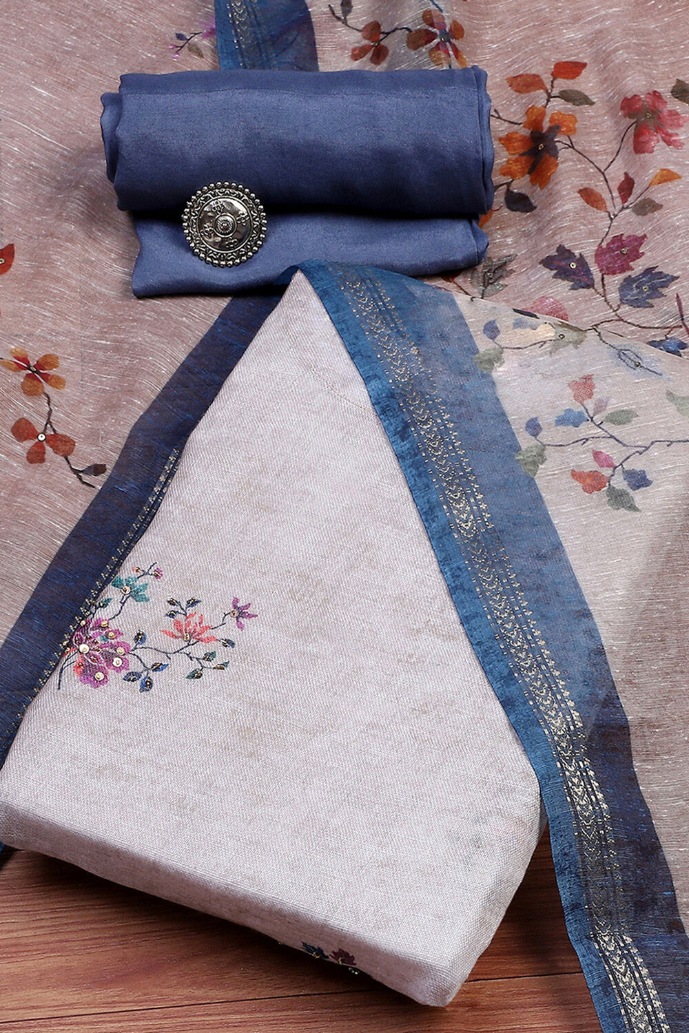 Rust Linen Printed Unstitched Suit Set image number 0