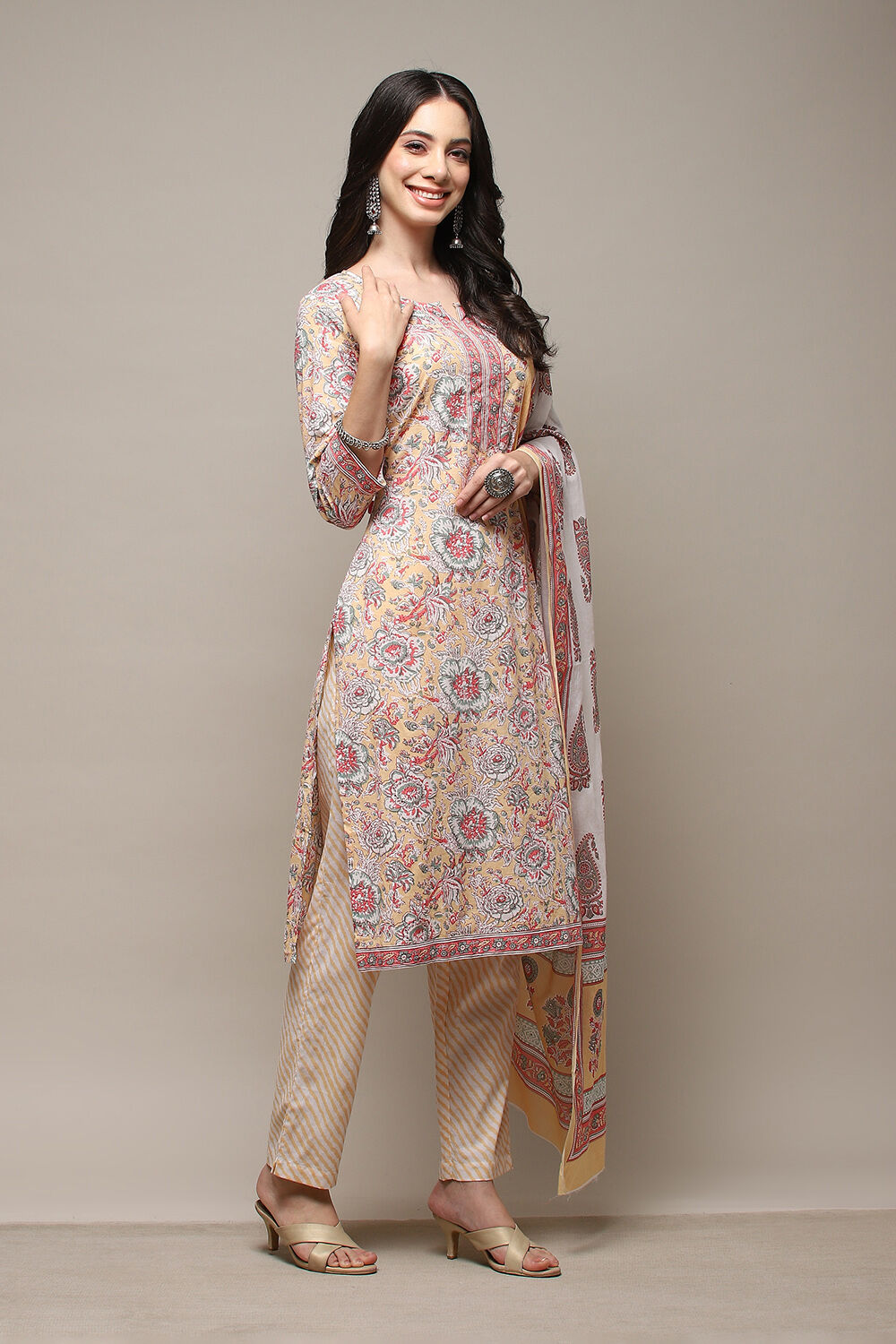 Dull Yellow Cotton Handloom Unstitched Suit Set image number 7