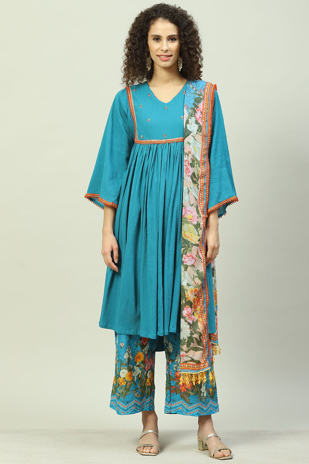 Turquoise Blue Art Silk Gathered Kurta Palazzo Suit Set image number 4
