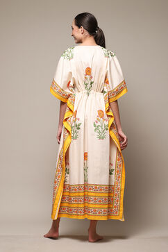 Off White & Must Cotton Printed Kaftan image number 4