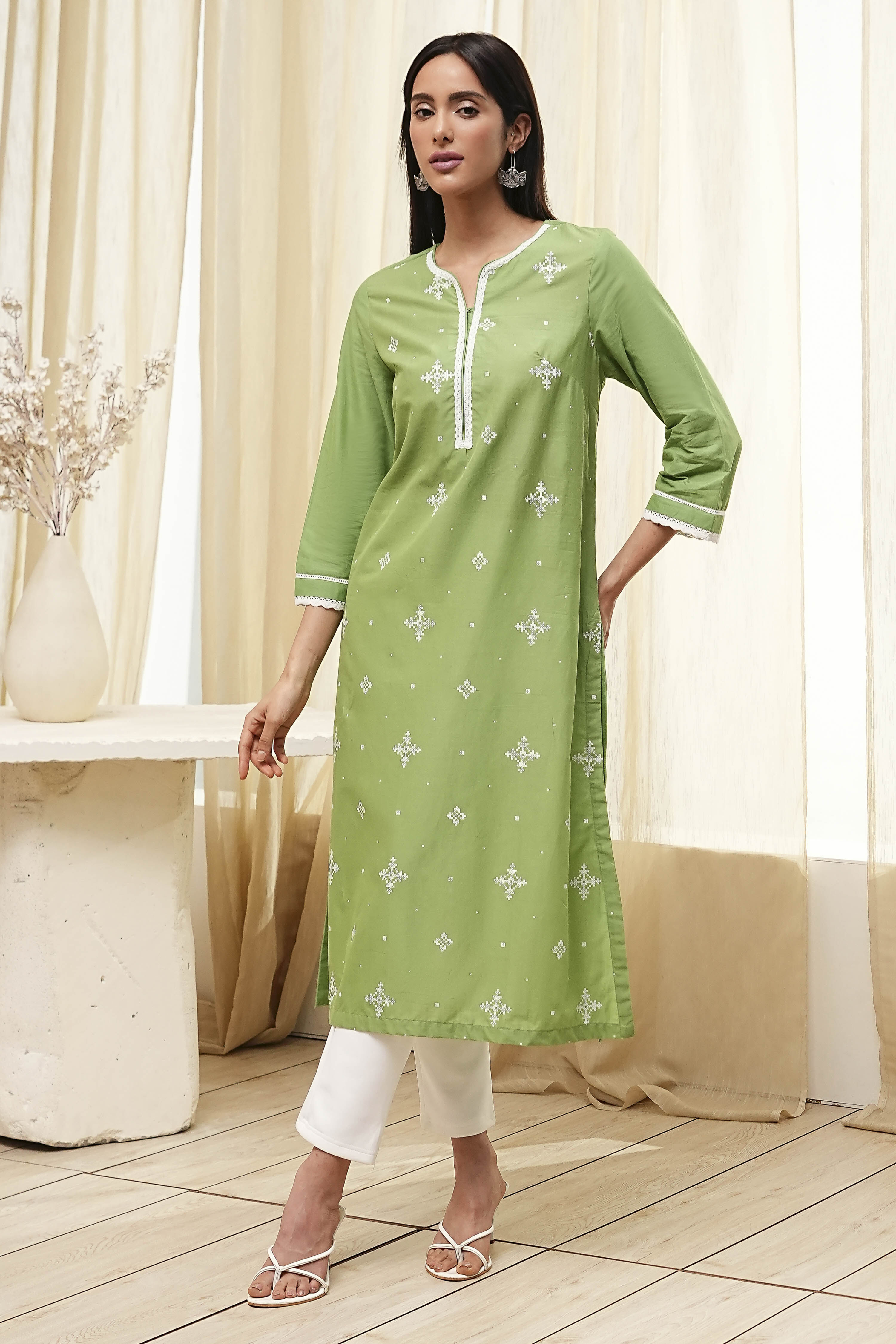 Light Pink Cotton Straight Kurta image number 0