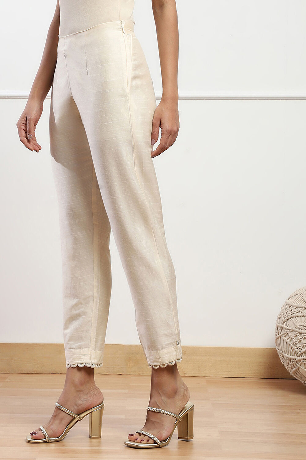 Antique Beige Polyester Slim Yarndyed Pants image number 2