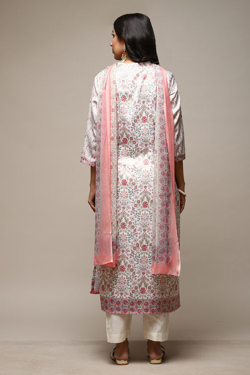 Off White Cotton Screen Print Unstitched Suit Set image number 5