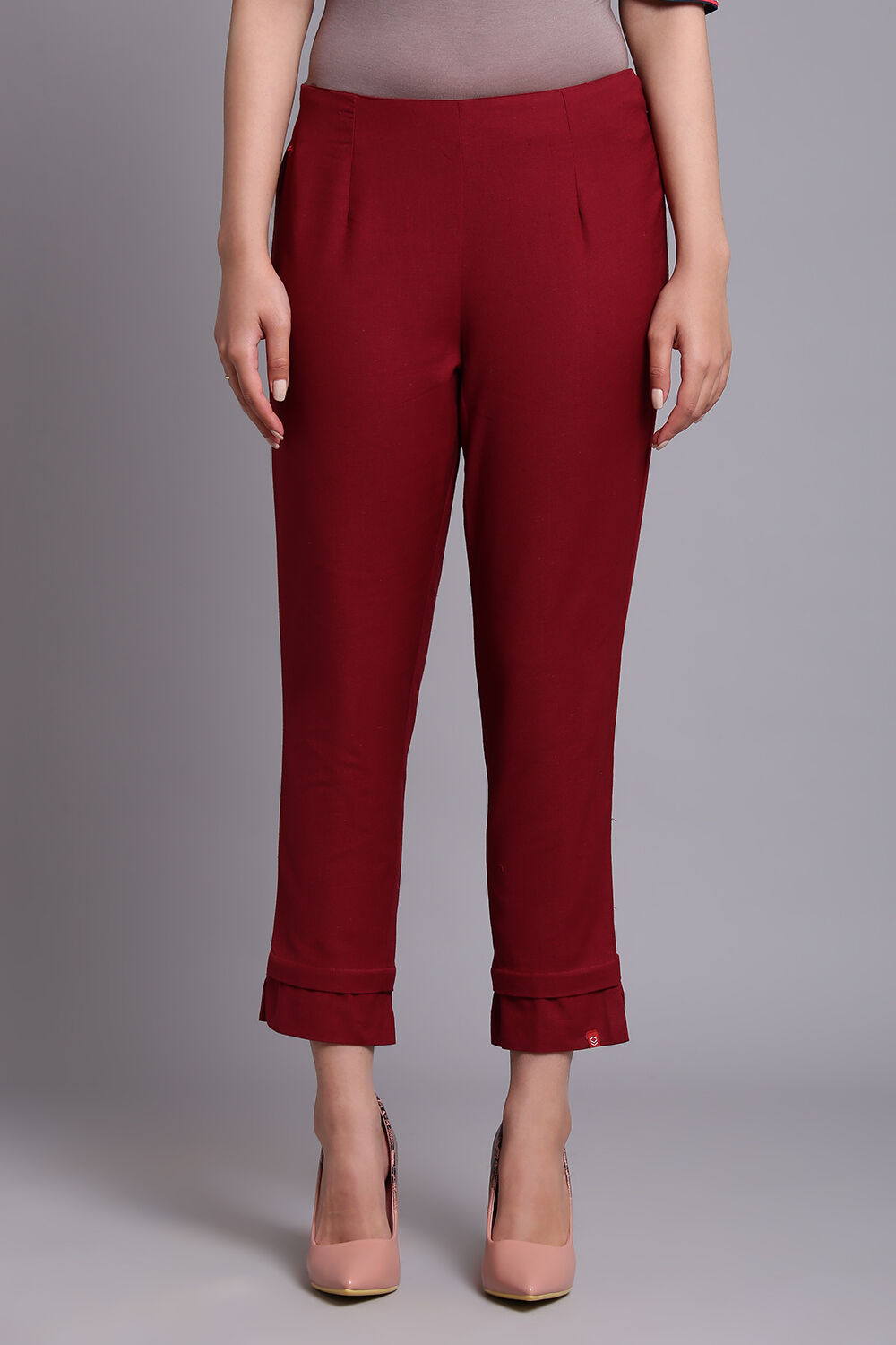 Buy Maroon Cotton Flax Slim Pants Pants for INR450.00 Biba India