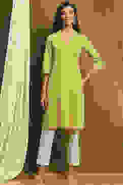 Green Cotton Blend Solid Straight Kurta image number 5