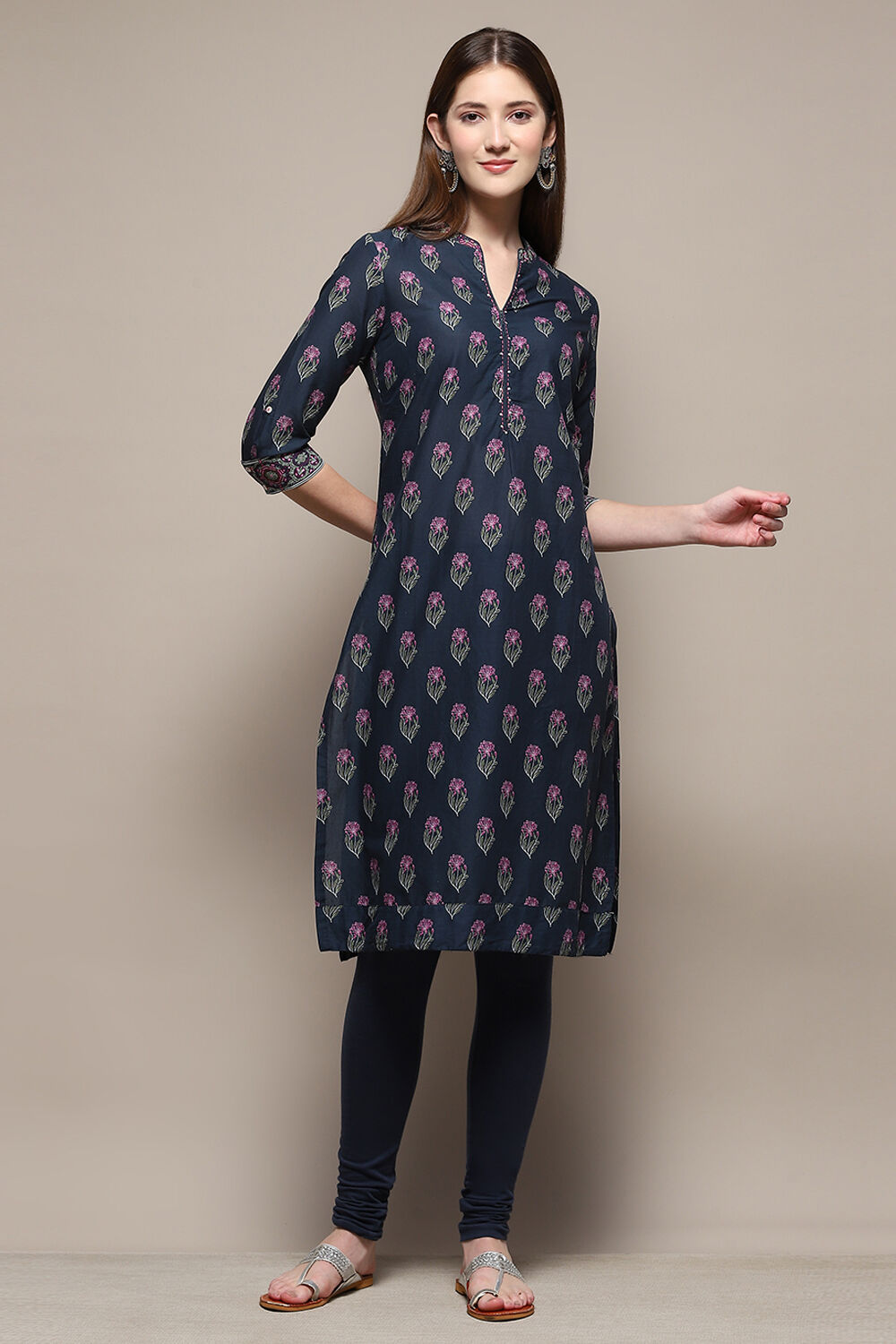 Black Cotton Straight Kurta Churidar Suit Set image number 0