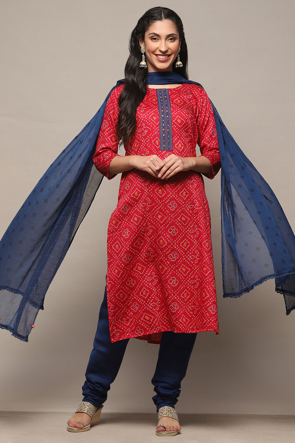 Red Satin Unstitched Suit Set image number 1