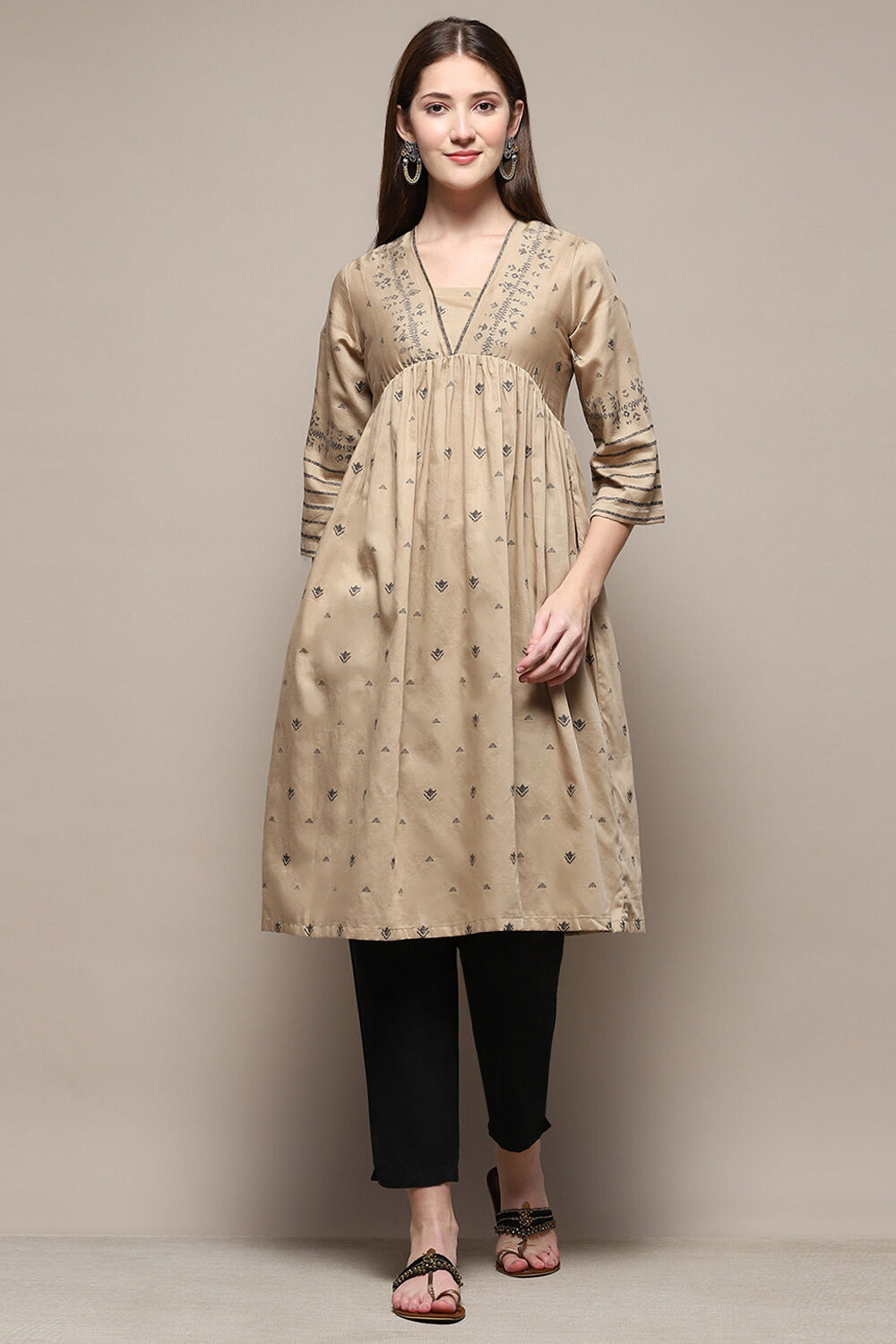 Taupe Jacquard Flared Yarn Dyed Kurta image number 0