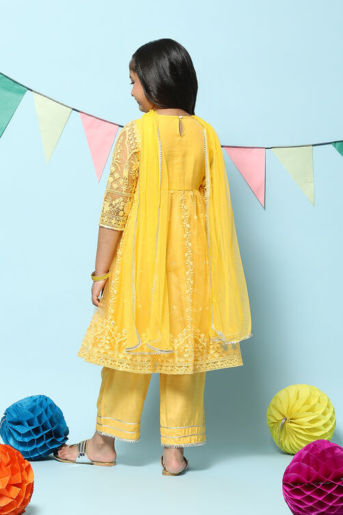 Yellow Nylon Gathered Embroidery Kurta Palazzo Suit Set image number 4
