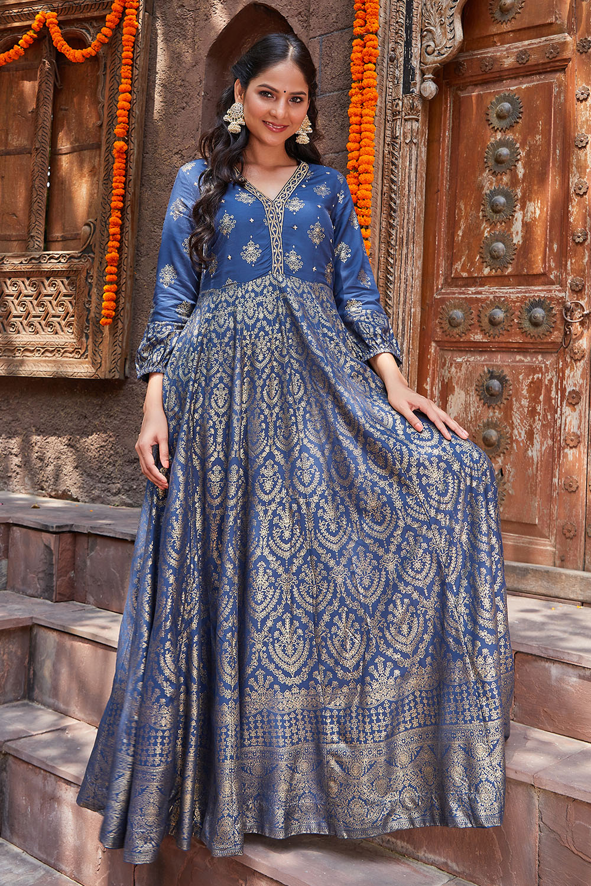 Navy LIVA Straight Printed Dress