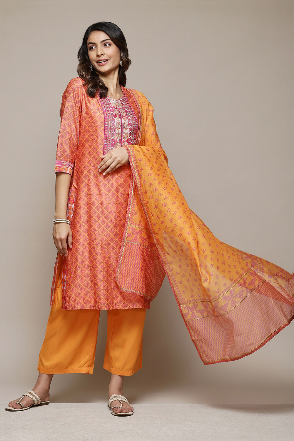 Orchid Bloom Women's Cotton Kurta With Printed Plazzo Suit Set - Solid Top & Flowy Bottom Outfit