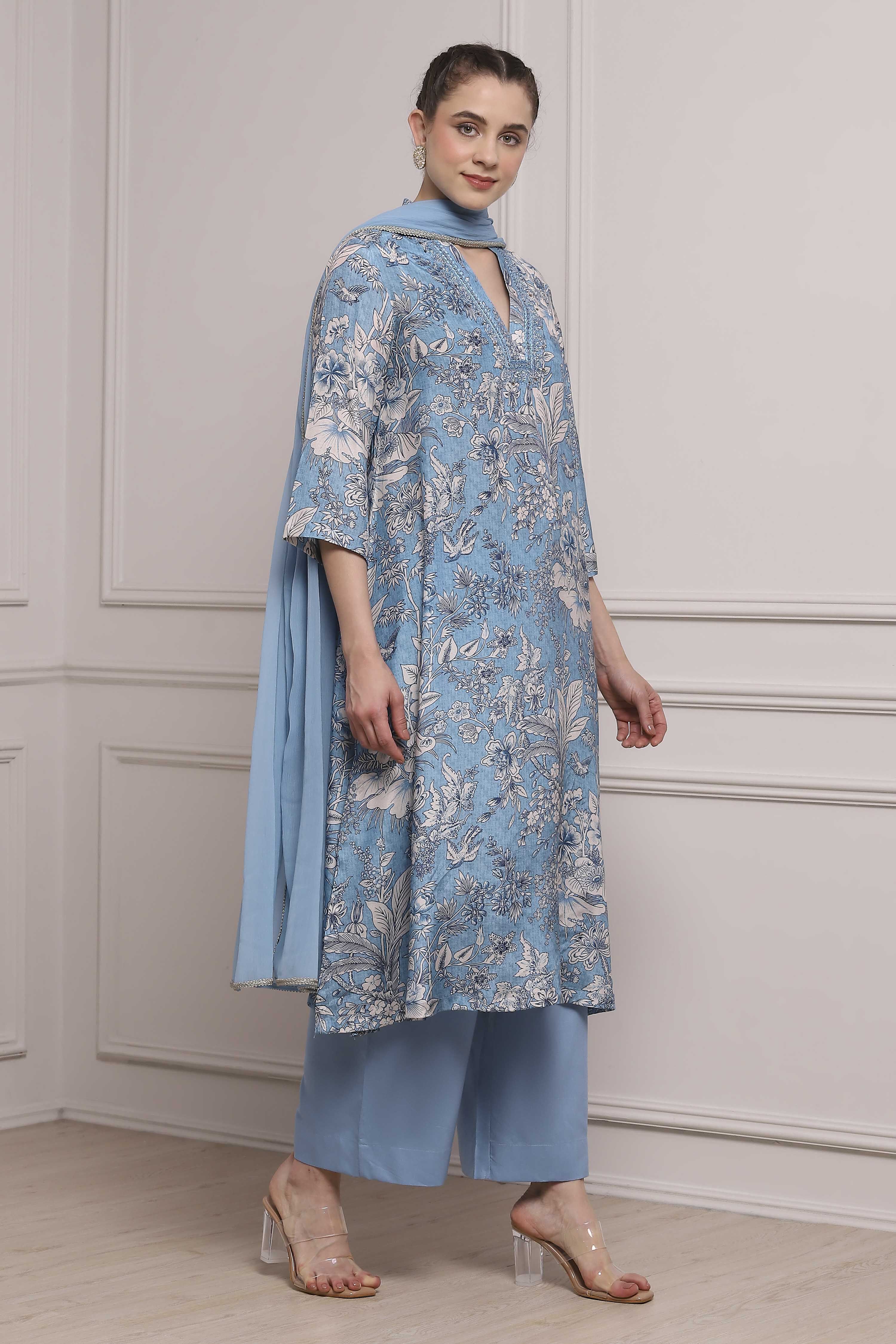 Blue Floral Printed Asymmetric Suit Set image number 5