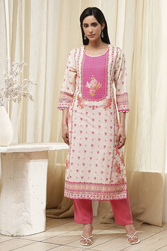 Pink Cotton Printed Straight Kurta image number 5