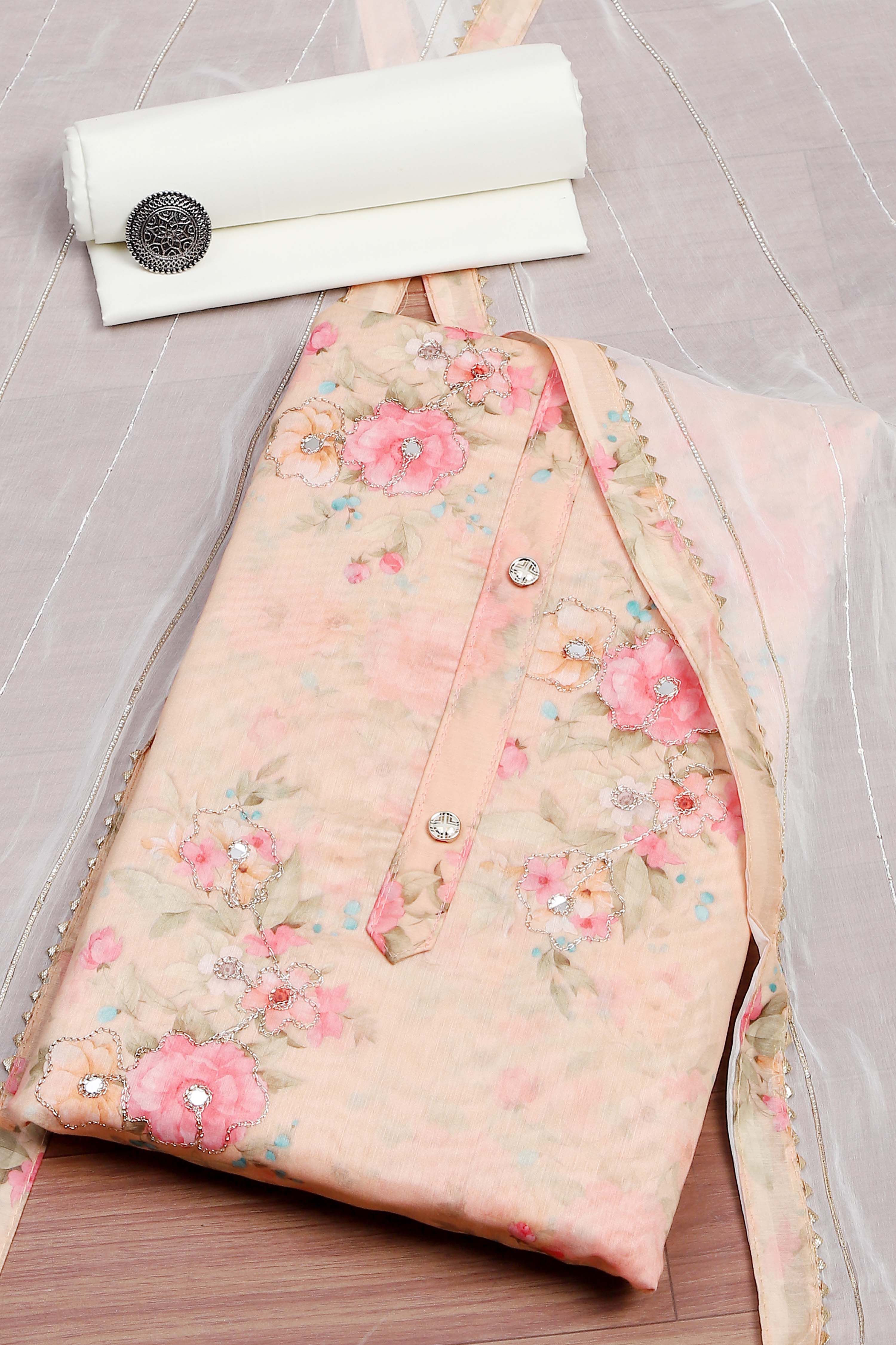 Peach Chanderi  Printed Unstitched Suit Set image number 4