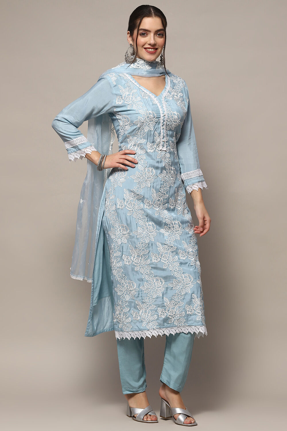 Dull Blue Muslin Unstitched Suit set image number 7