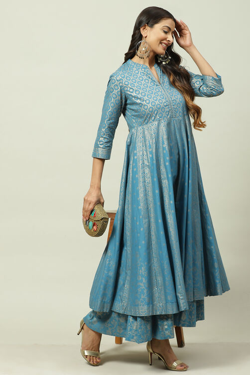 Blue Cotton Flared Fusion Printed Kurta Dress image number 5