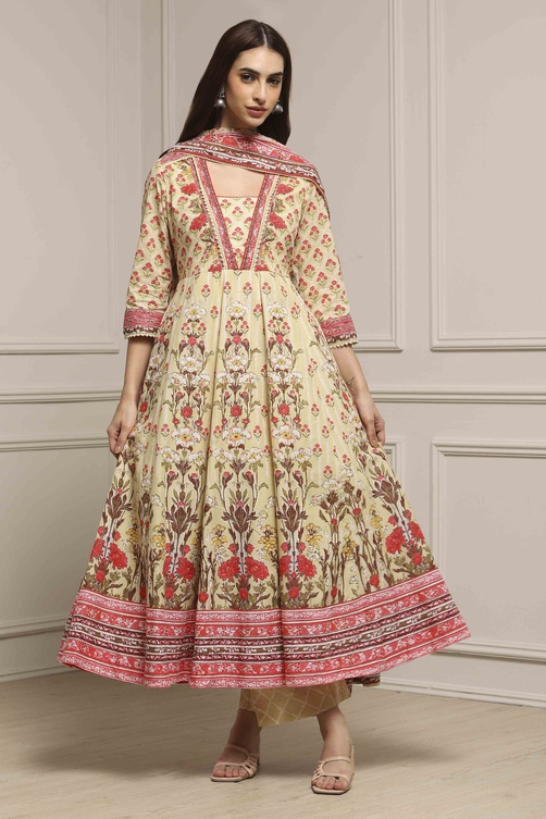 Off White-Pink Cotton Anarkali Printed Suit Set image number 6