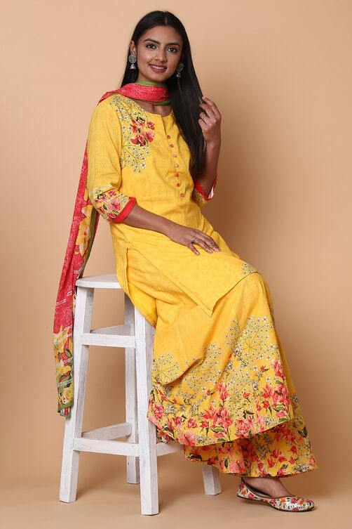 Yellow Cotton Sharara Kurta Sharara Suit Set image number 5