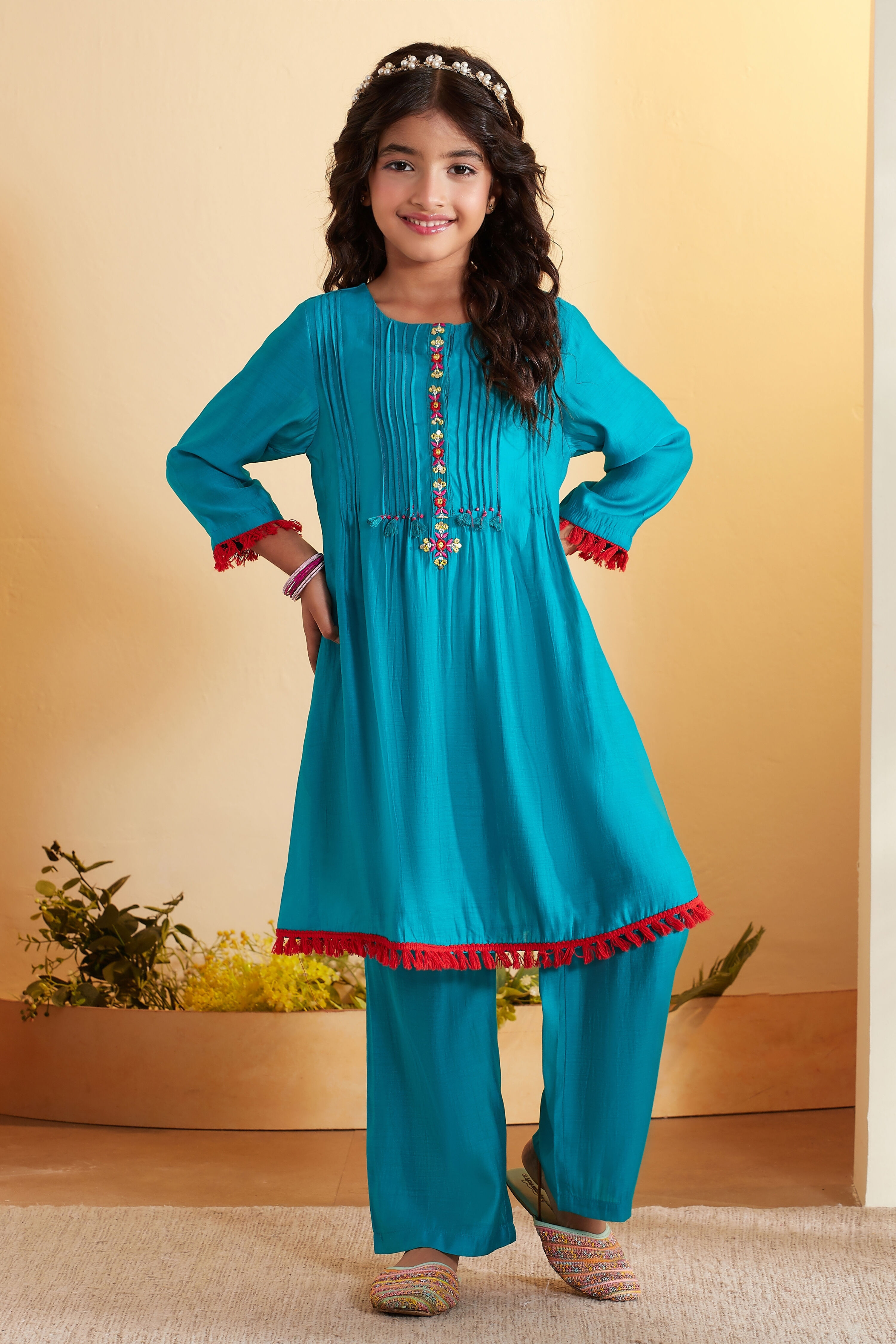 Teal Blue Pleated A-Line Kurta Set image number 8