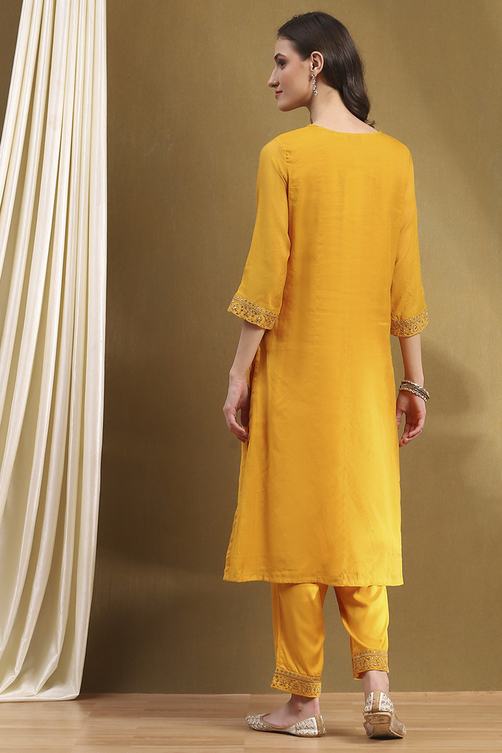 Yellow Embroidered Festive Straight Suit Set image number 4